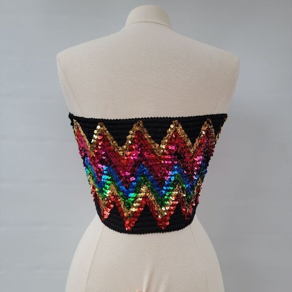 Topshop Womens Medium Black Boho Disco Retro Bright Sequin Smocked Tube Crop Top - Picture 8 of 10
